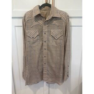 Vintage Western Pearl Snap Shirt Plaid Tan Brown Diamond Snaps Back Yoke Mens